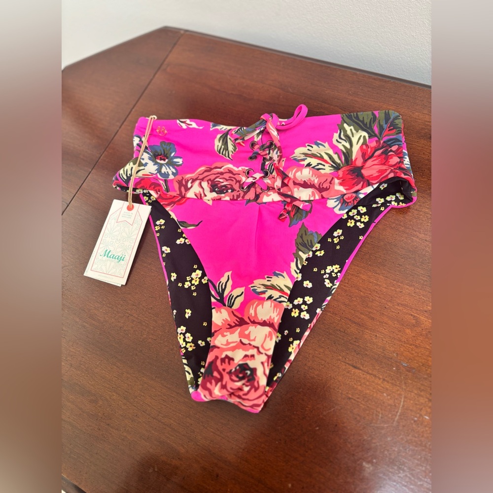 Maaji Floral Bikini Bottom Medium Lace-Up High Waist Pink Tropical Swim